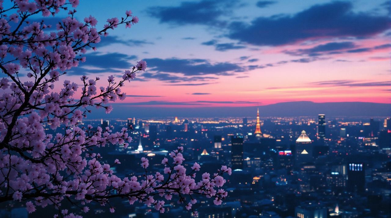 西瓜影视杂志封面：东京黄昏天际线与樱花枝叶背景